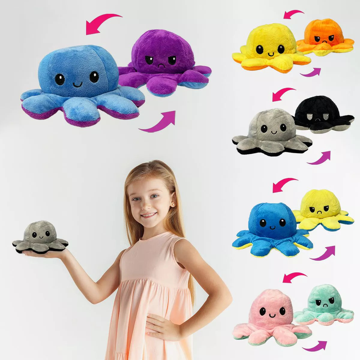 Link Moody Reversible Emotion Octopus Plushie Sad/Happy Express Your Emotions Moody Plush Toy Sensory Fidget Toy for Stress Relief